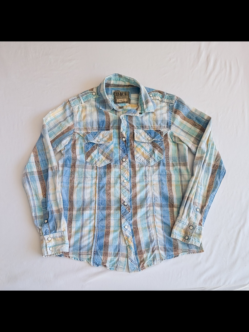 BKE Pearl Snap Mens Plaid Long Sleeve Slim Fit Blue Western Cowboy Sml